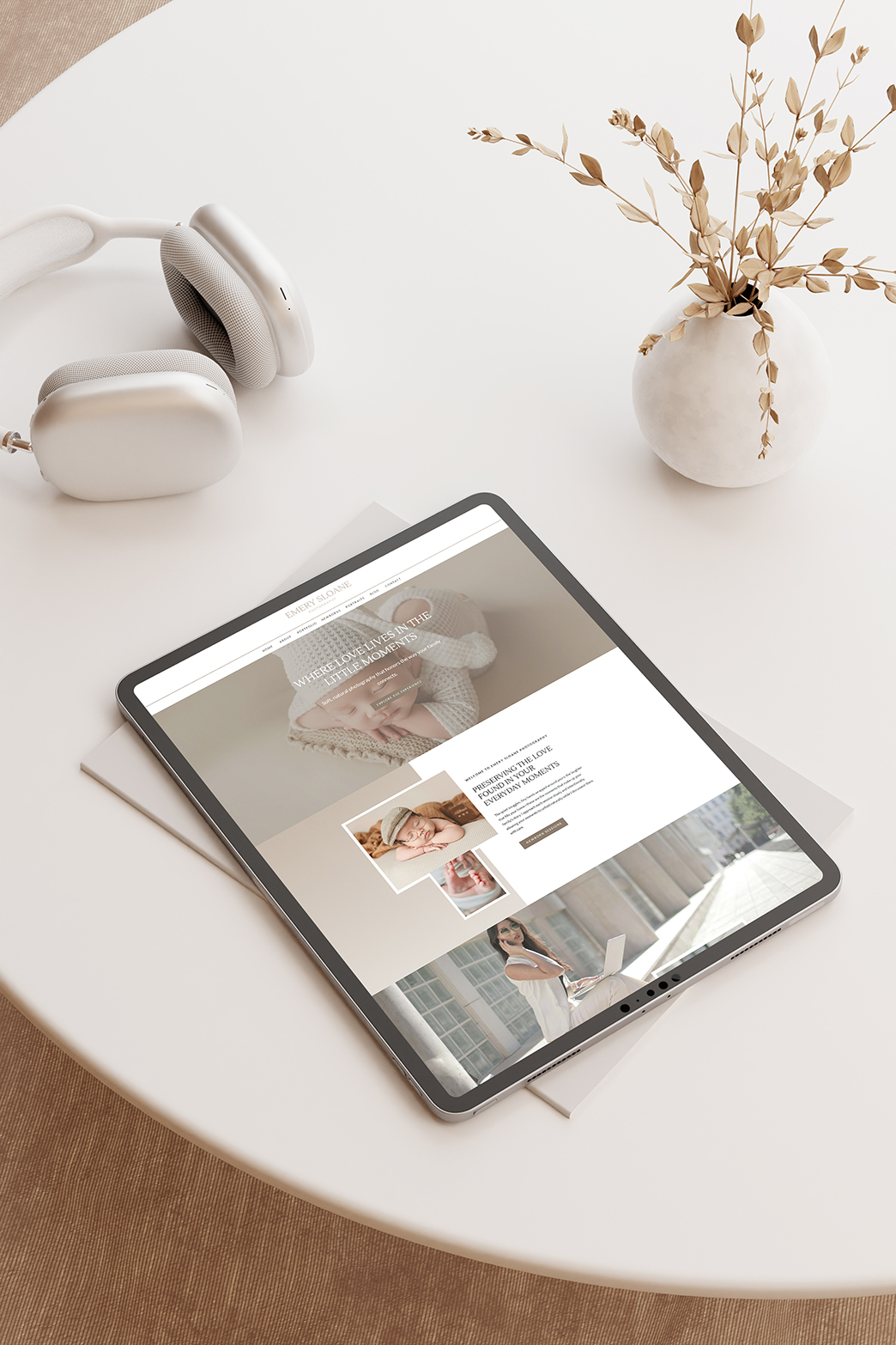 Picture of an ipad on a table with a newborn website on the screen.