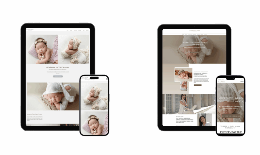 Picture of two ipads and phones with newborn photography websites on the screens.