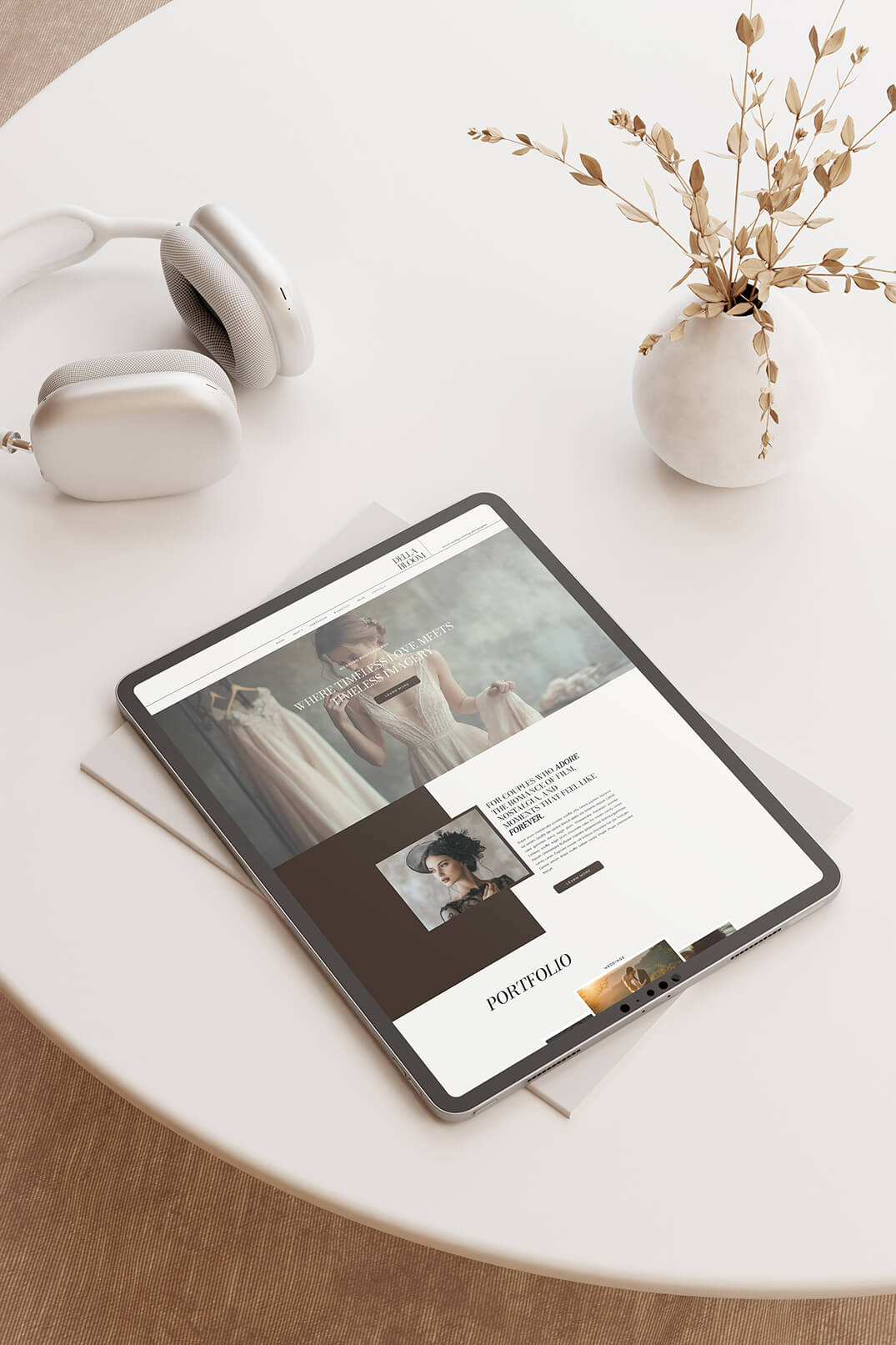 Picture of a ipad on a table with a wedding photography website on the screen.
